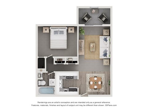 Floor plan for 1 bed, 1 bath, 598 sqft